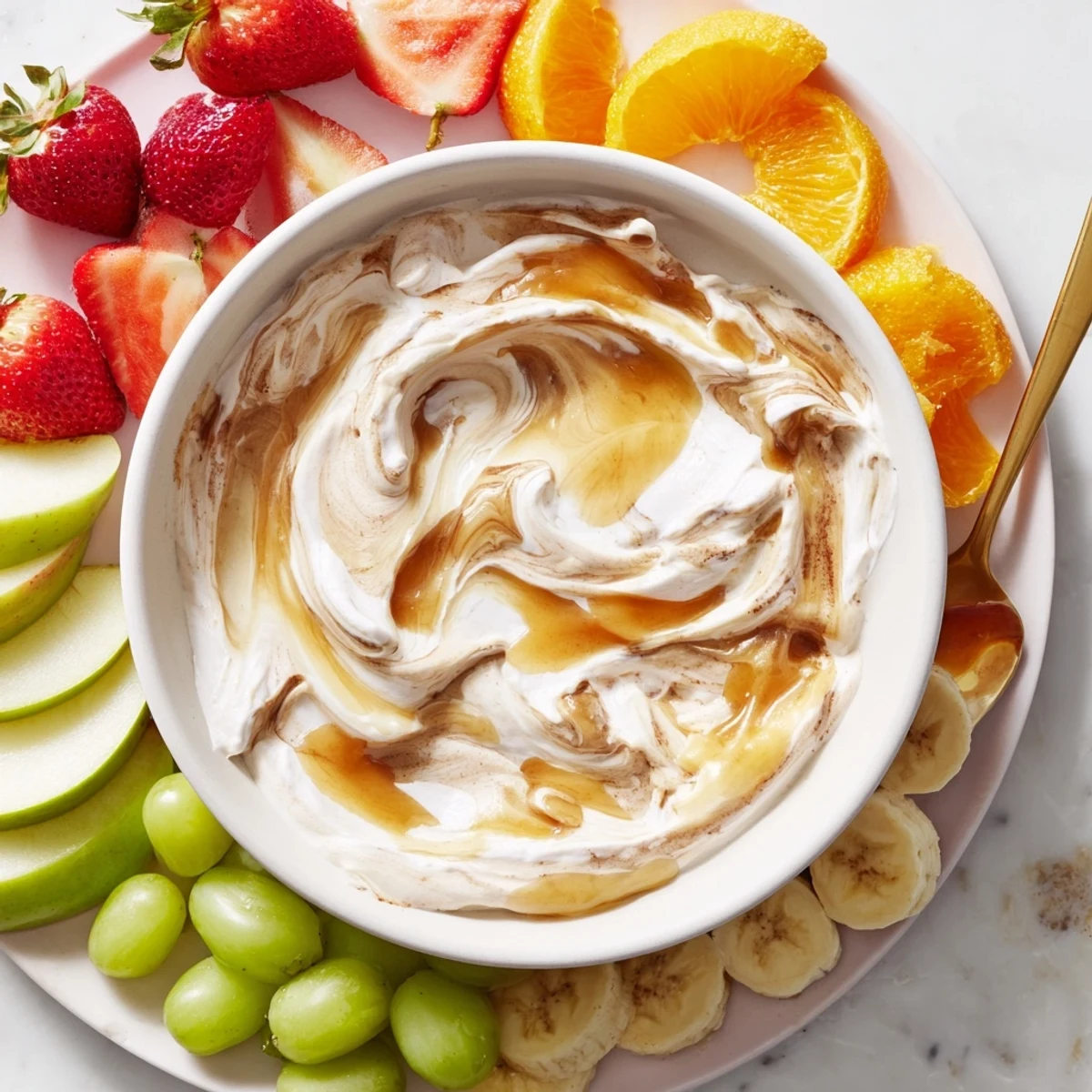 Protein-packed cinnamon roll dip made with Greek yogurt and cream cheese, topped with cinnamon swirl and arranged with seasonal fruit dippers
