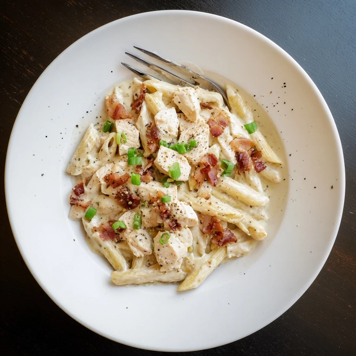Golden penne pasta tossed in rich ranch cream sauce with shredded chicken and green onion garnish
