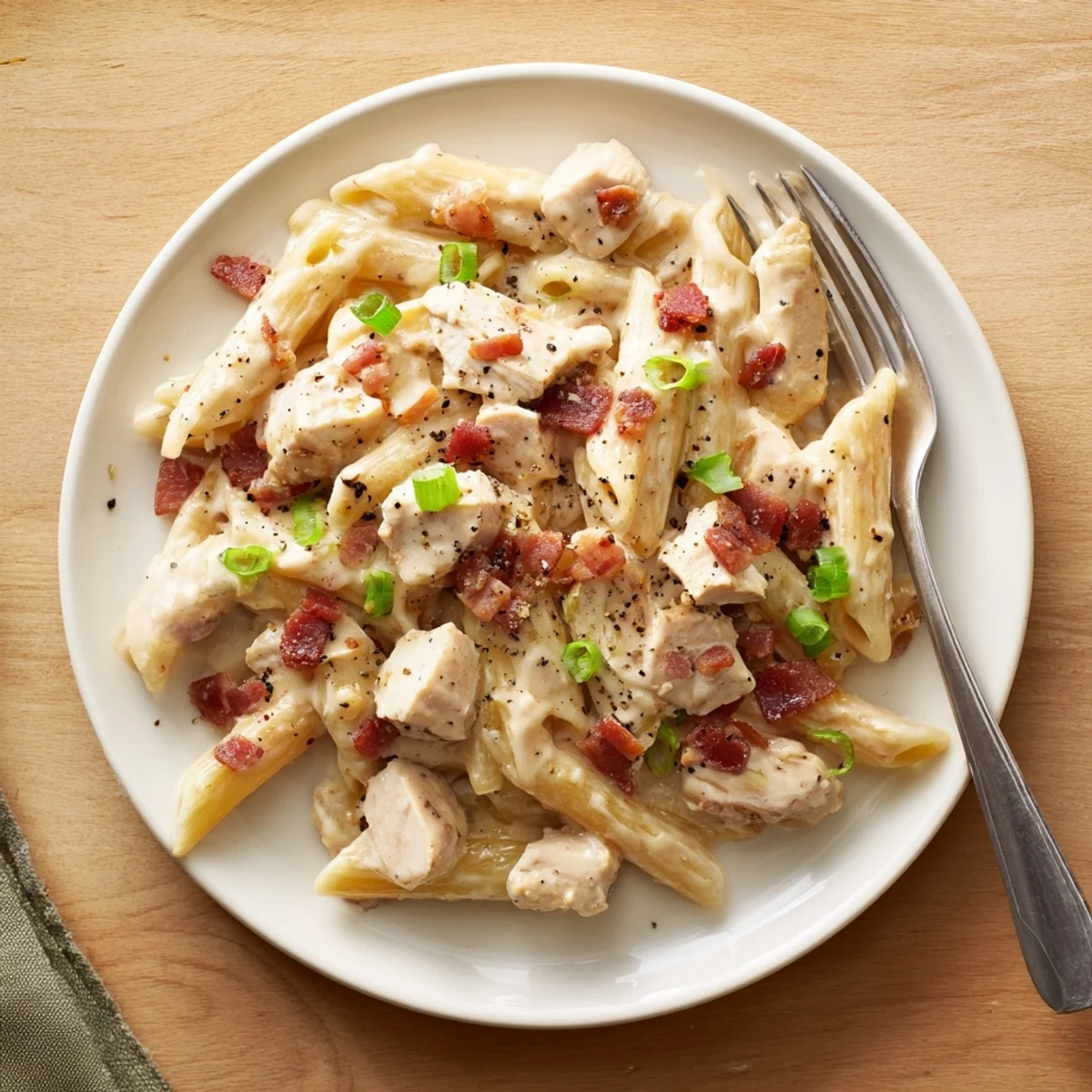 Creamy crack chicken pasta topped with crispy bacon and melted cheddar cheese in a white bowl