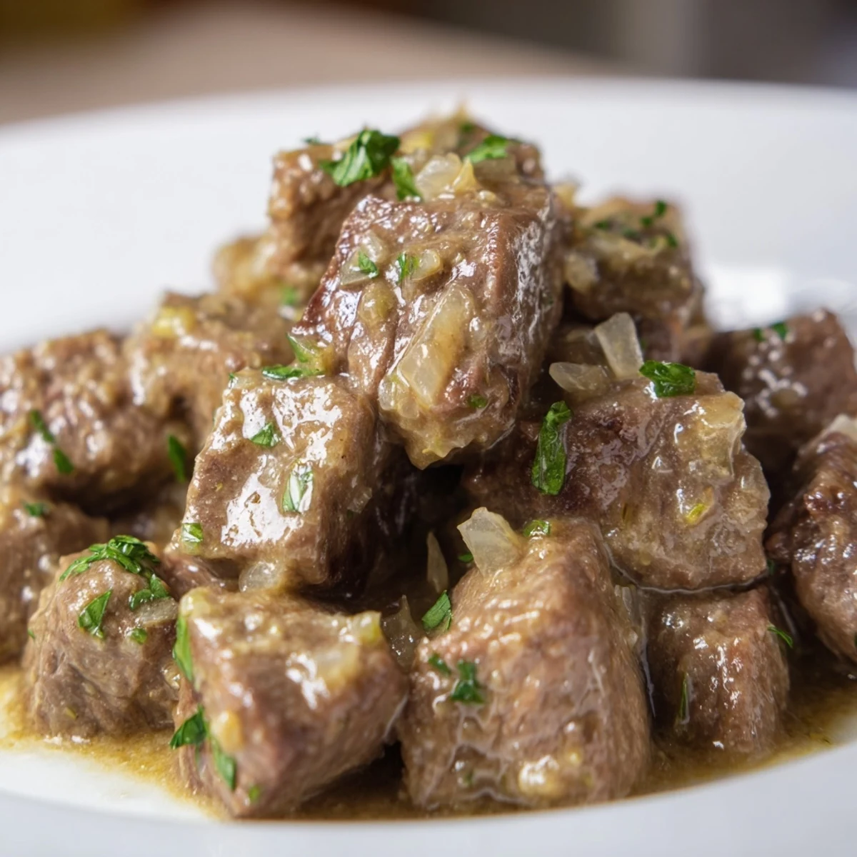 Juicy slow-cooked steak bites with onions and herbs in a rich savory beef broth