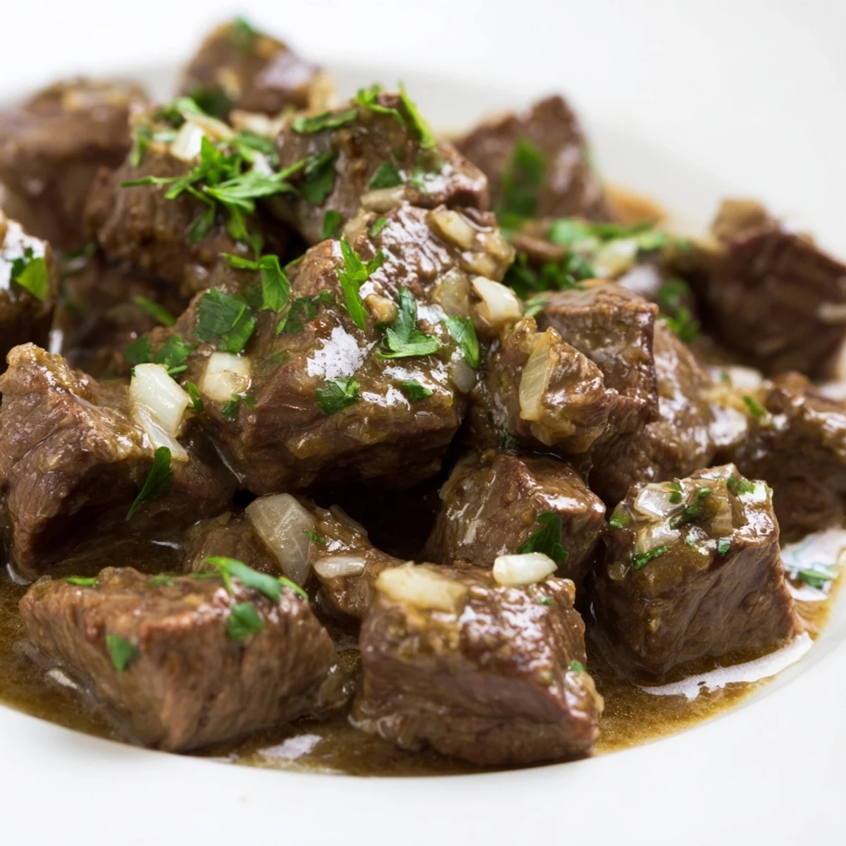 Golden seared Crockpot steak bites glistening with melted butter and aromatic Italian seasonings