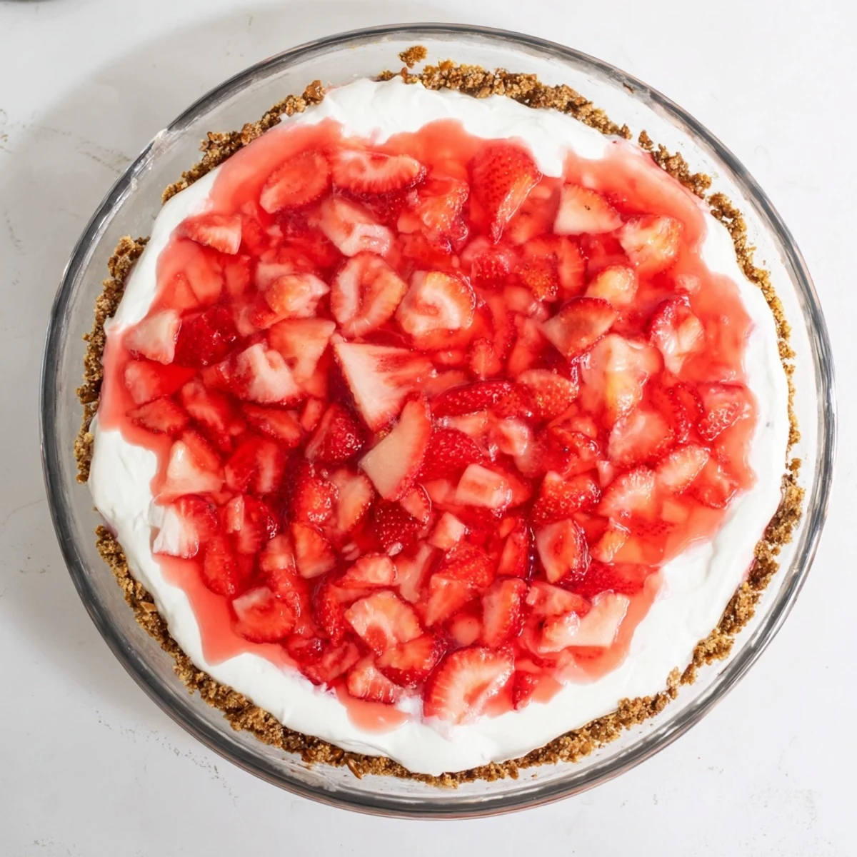 Sliced fresh strawberries topped with bright red gelatin on a whipped cream cheese base