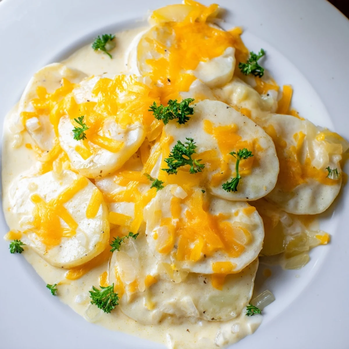 Golden layers of cheesy Crockpot Scalloped Potatoes bubbling with melted cheddar and cream sauce