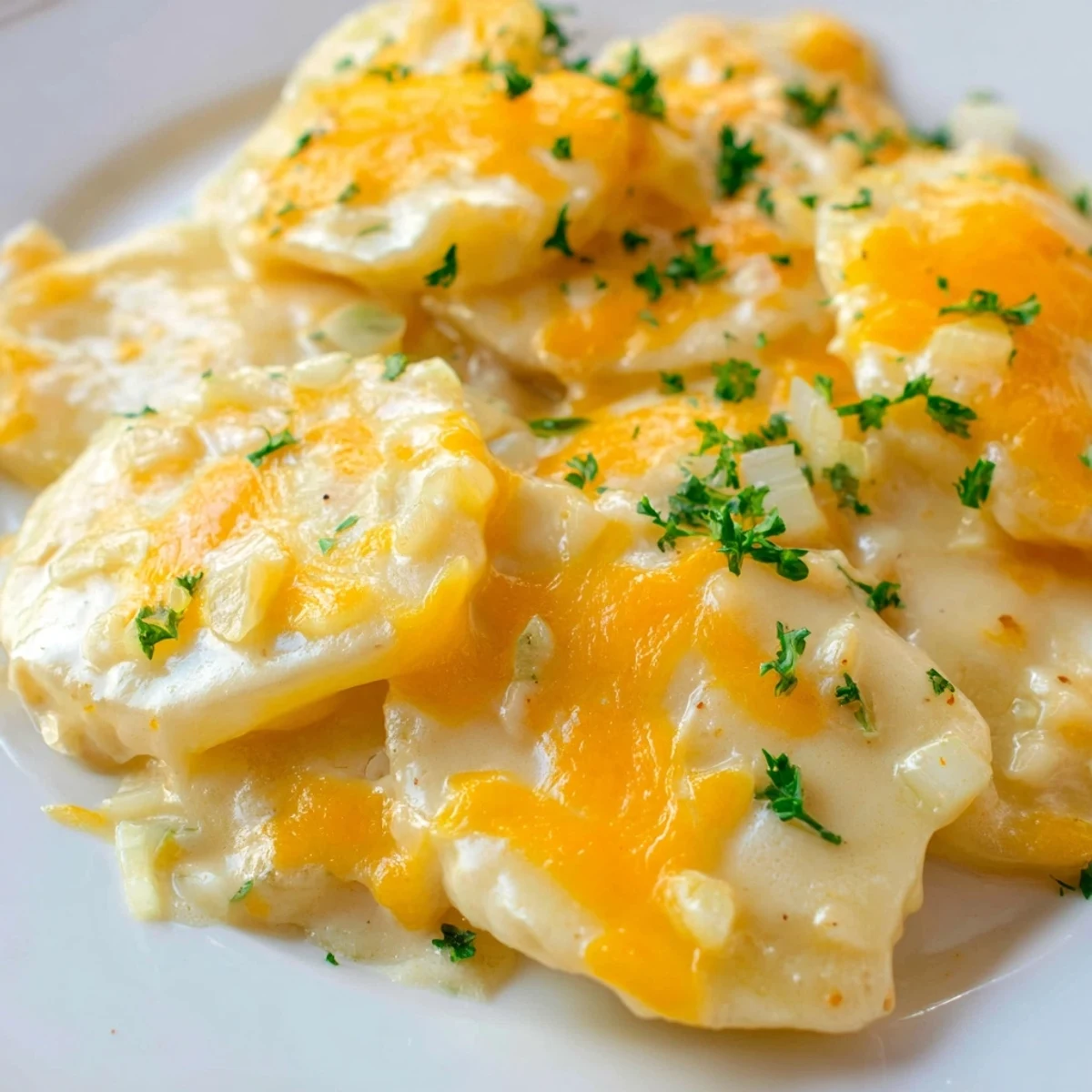 Creamy slow cooker scalloped potatoes topped with golden cheese and fresh green parsley garnish