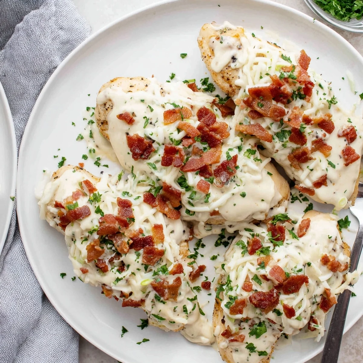 Creamy Crockpot Million Dollar Chicken topped with crispy bacon crumbles and fresh parsley