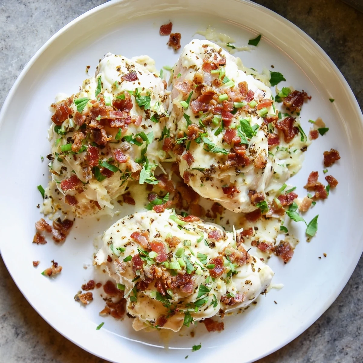 Golden slow-cooked chicken breasts smothered in rich cheese sauce with savory bacon garnish