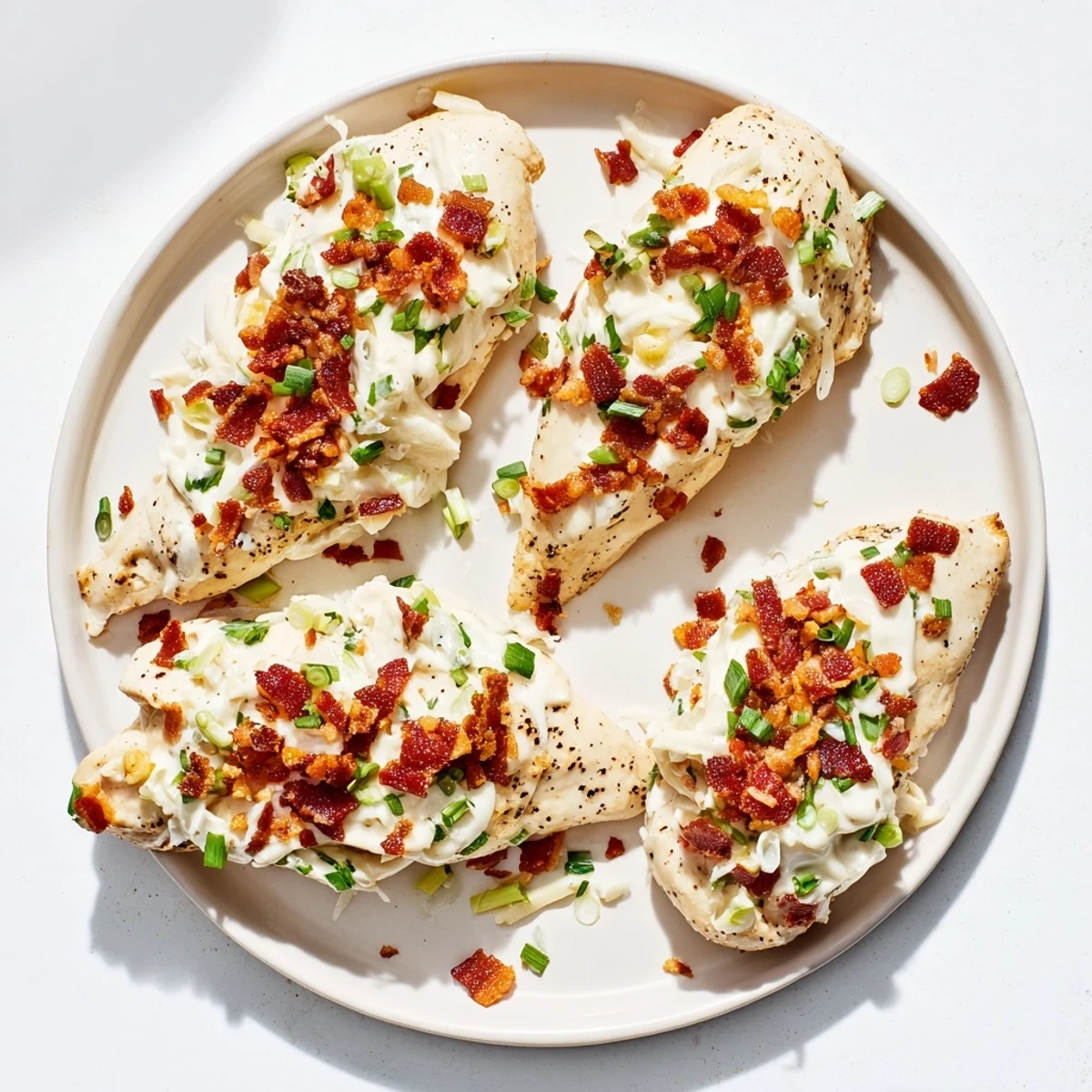 Tender cheesy chicken dish slow cooked with melted mozzarella and crunchy bacon bits