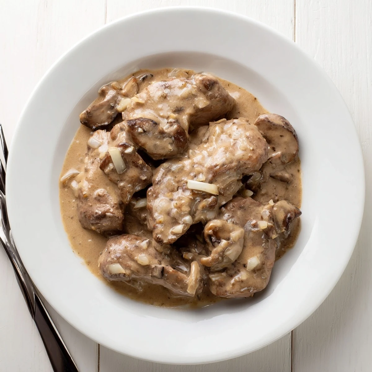 Golden brown chicken thighs swimming in a rich, creamy crockpot gravy sauce
