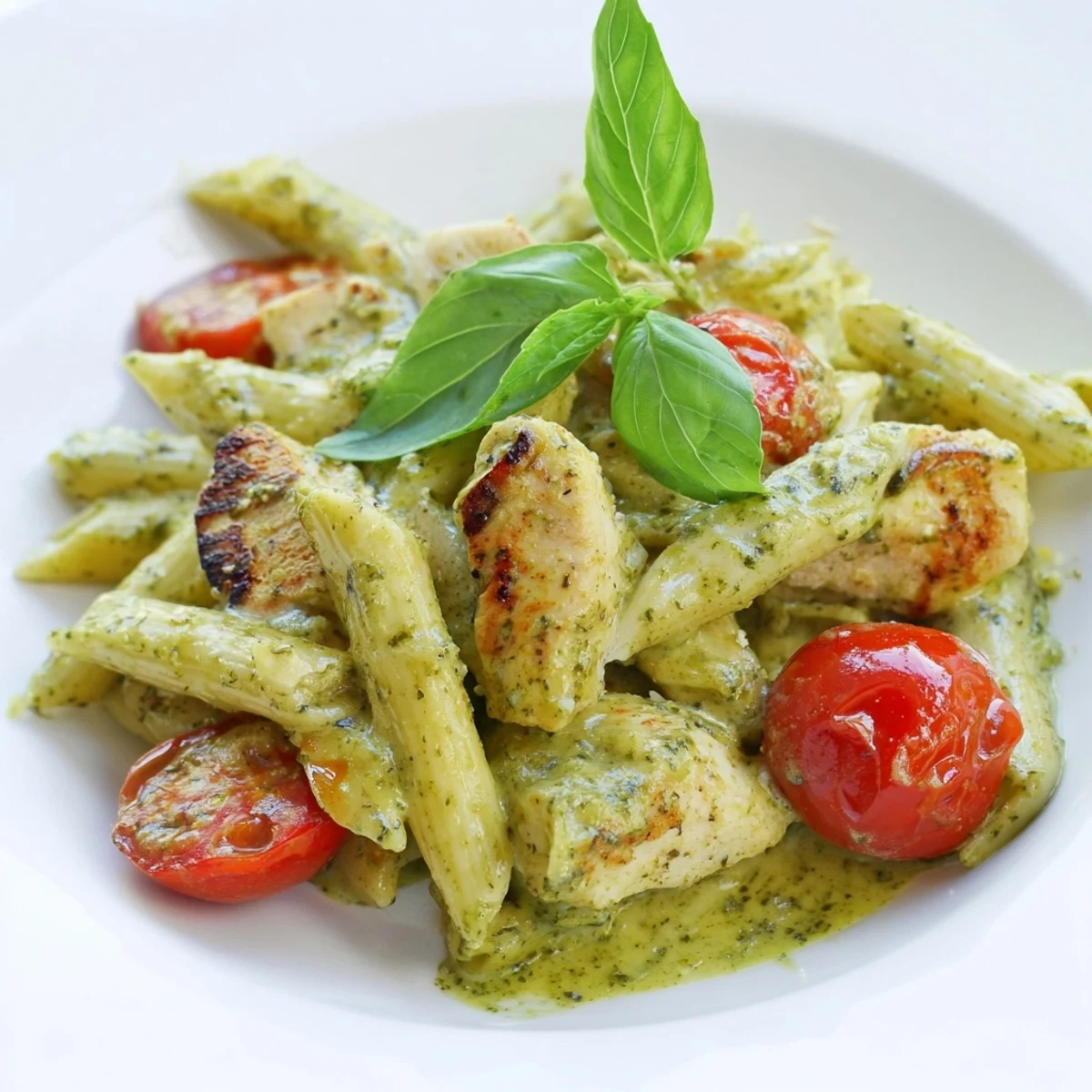 Golden chicken pieces tossed with penne in rich green pesto cream sauce