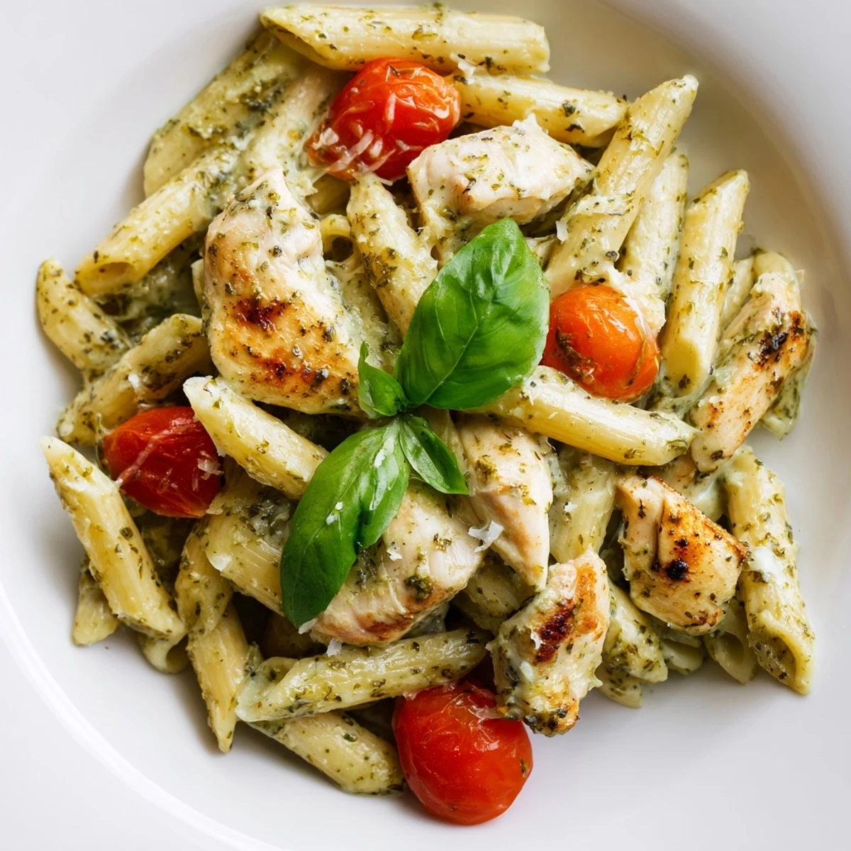 Creamy pesto chicken pasta in a white bowl topped with fresh basil leaves