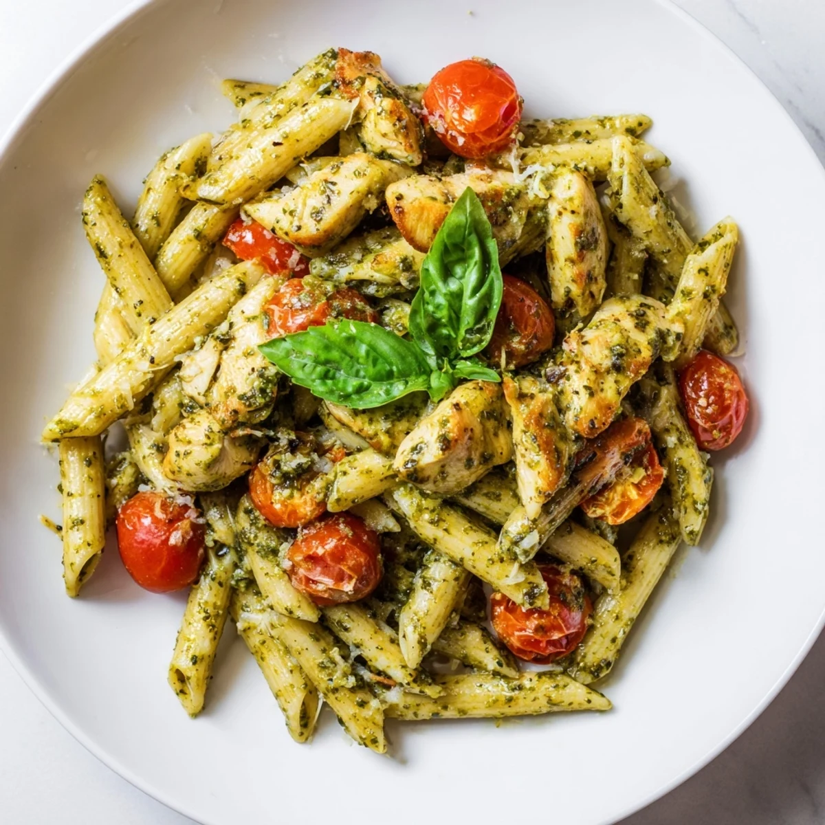 Steaming plate of creamy pesto chicken pasta garnished with grated Parmesan cheese