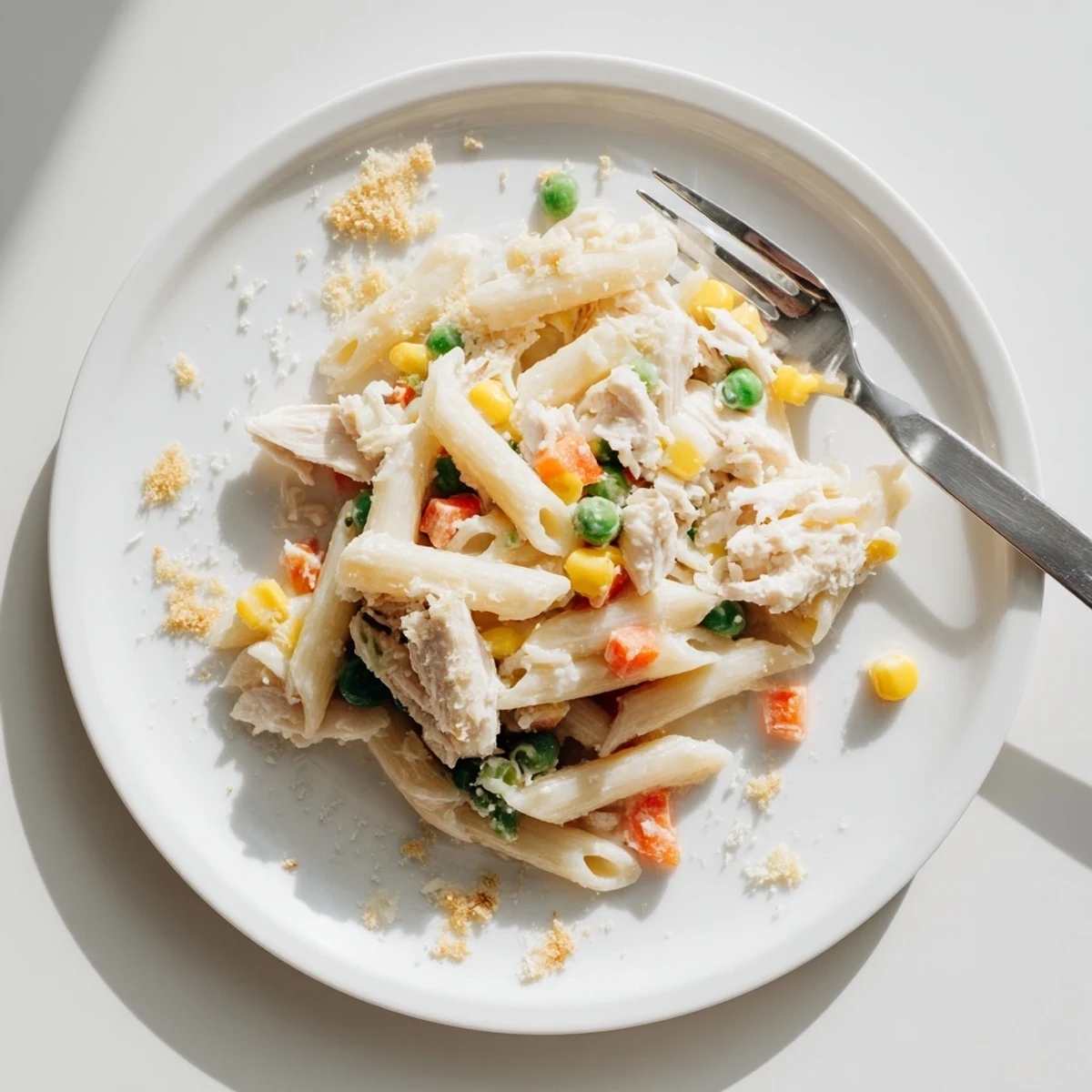 Golden-topped chicken pot pie pasta with melted Parmesan and crispy panko breadcrumbs