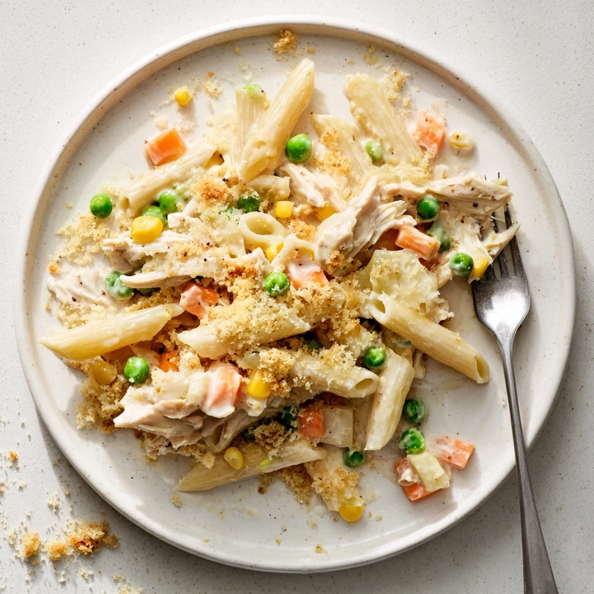 Creamy chicken pot pie pasta casserole bubbling with peas, carrots, and tender penne