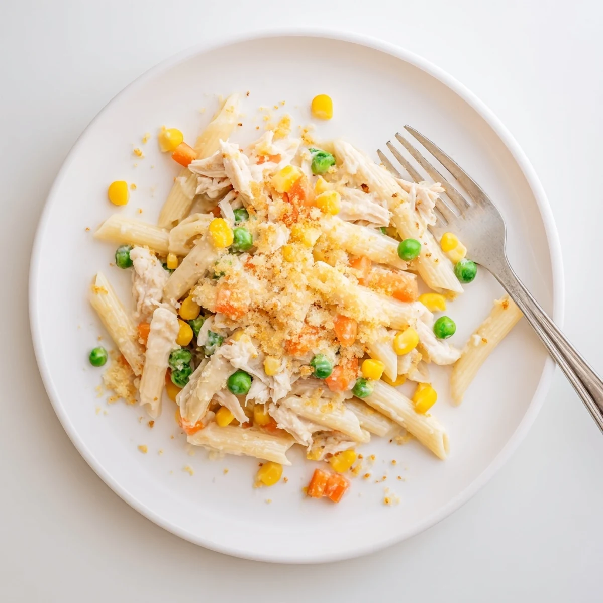 Baked chicken pot pie pasta in a white sauce with golden buttery crumb topping