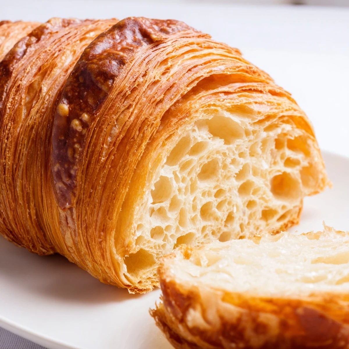 Golden brown homemade croissant bread loaf with flaky layered interior perfect for breakfast