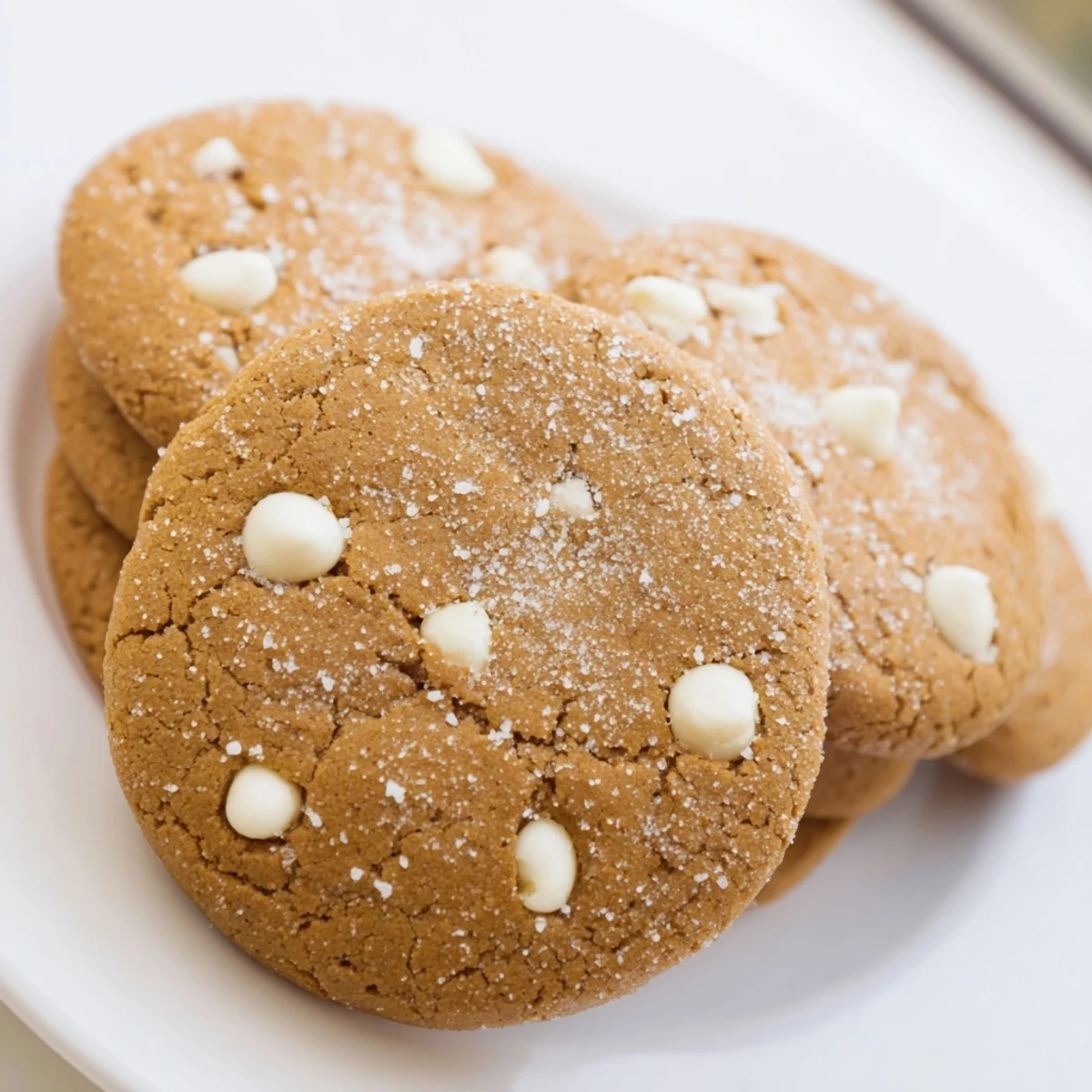 Freshly baked gingerbread white chocolate cookies with crackled sugar coating and gooey white chip pockets