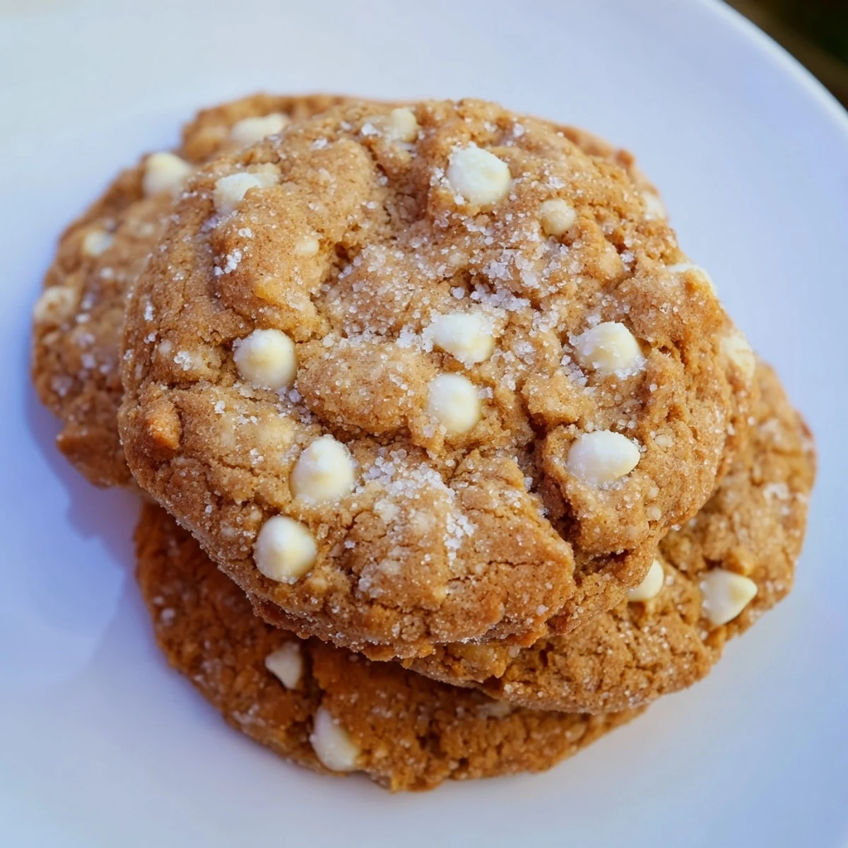 Warm gingerbread white chocolate cookies cooling on wire rack with soft centers and creamy white chunks