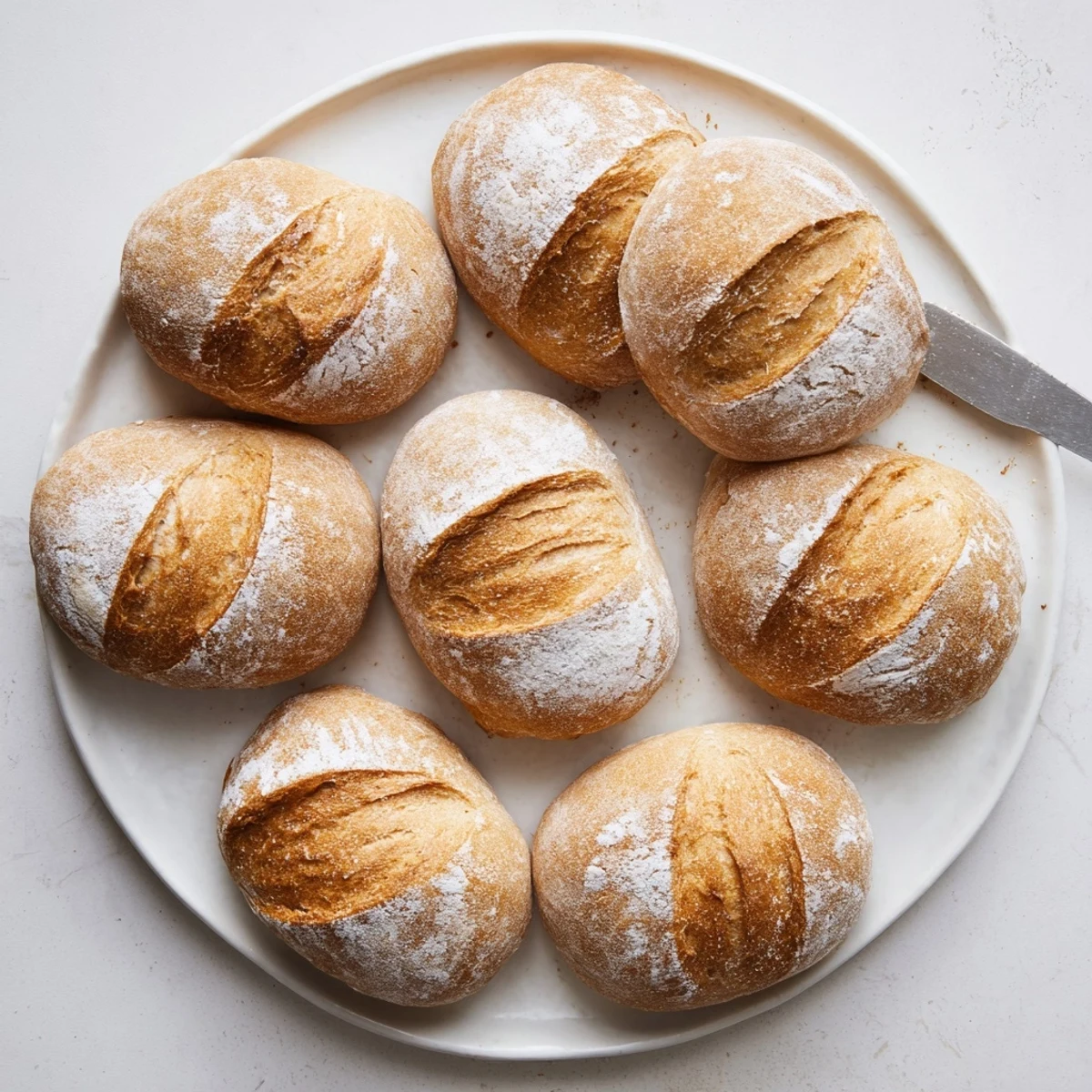 Golden crusty French bread rolls with flour-dusted tops and scored slashes ready for serving