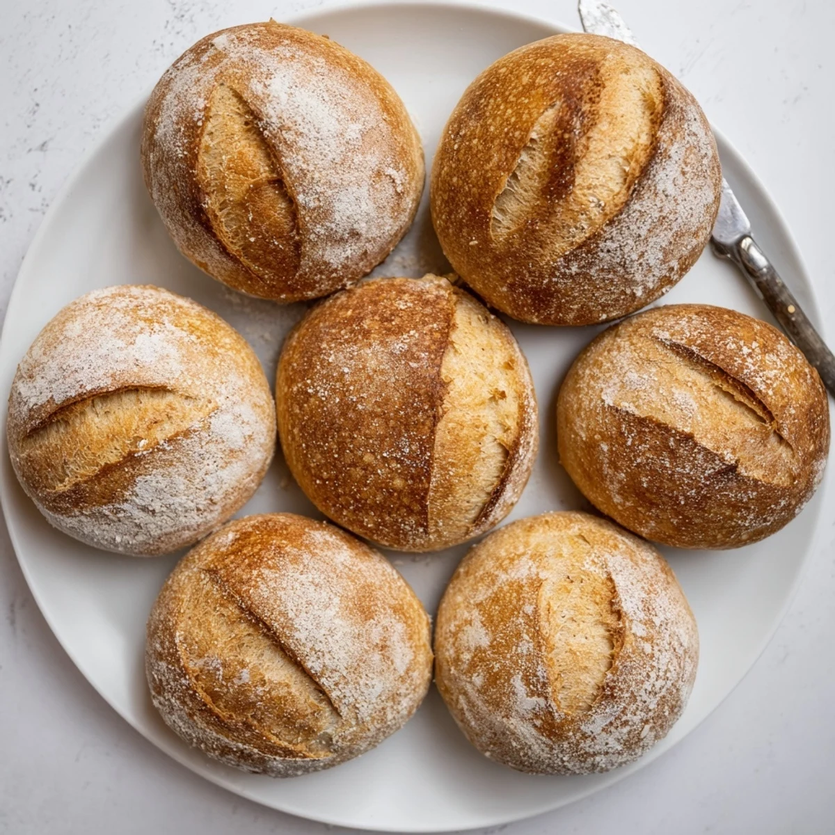 Warm artisan crusty French bread rolls cooling on wire rack after baking to perfection