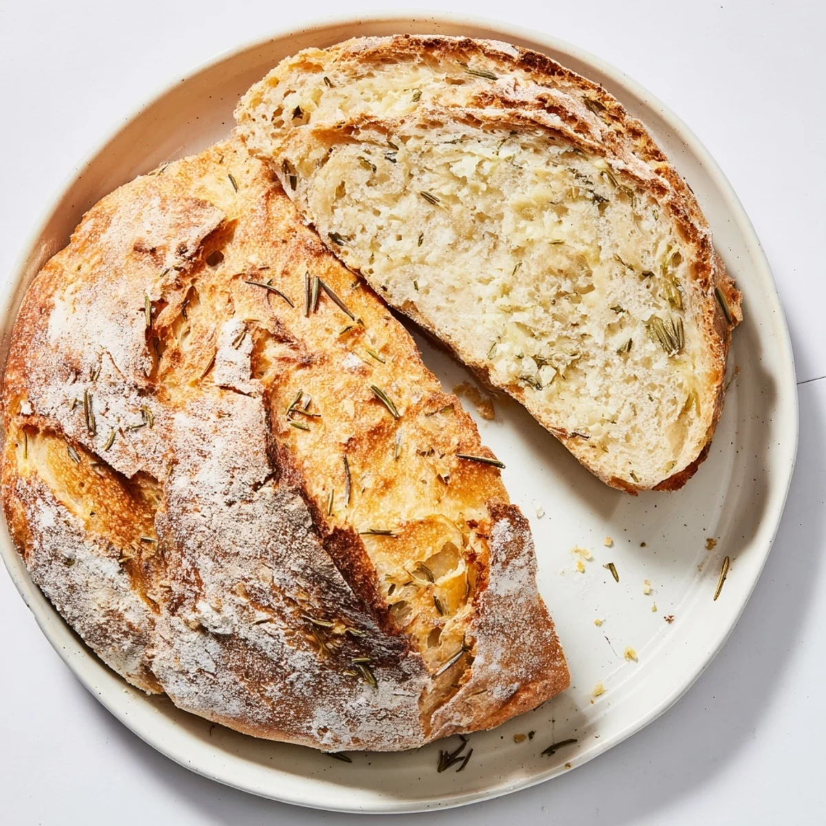 Rustic artisan loaf baked in cast iron with aromatic herbs and garlic