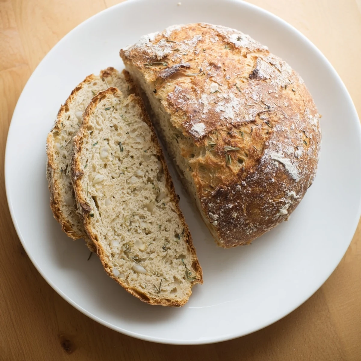 Sliced Dutch oven garlic rosemary bread showing soft interior and crispy crust