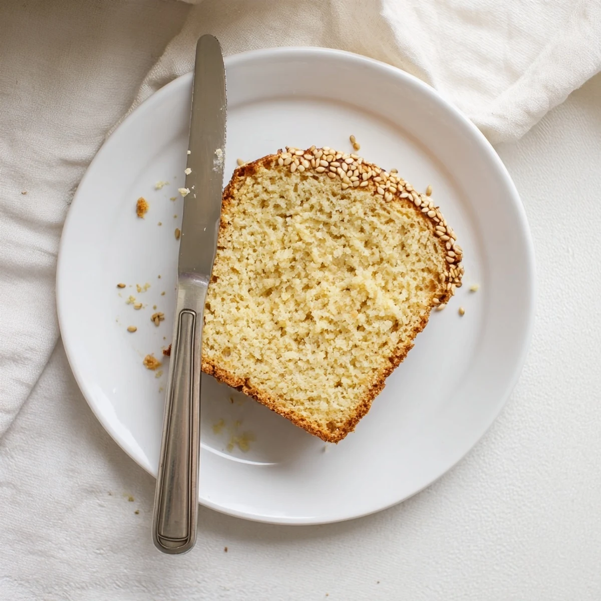 Fluffy zero carb yogurt bread toast topped with sesame seeds on white plate