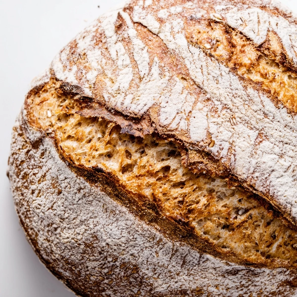 Golden brown sourdough bread loaf with crisp crust sliced on wooden board