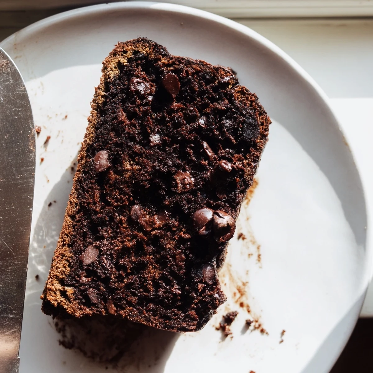 Freshly baked chocolate espresso banana bread with a cracked top and gooey chocolate chip pockets