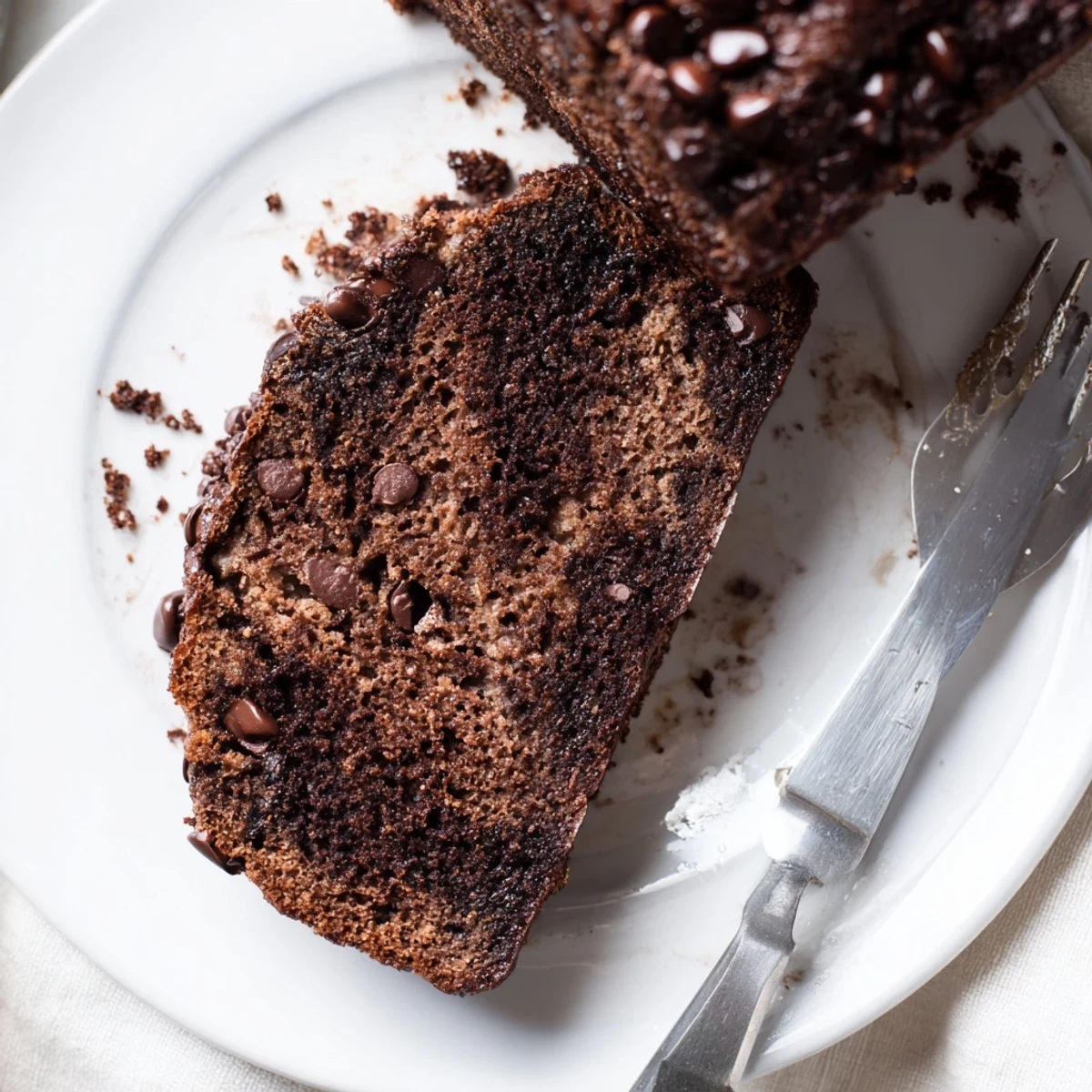 Rich dark chocolate espresso banana bread served warm with butter on a rustic wooden board