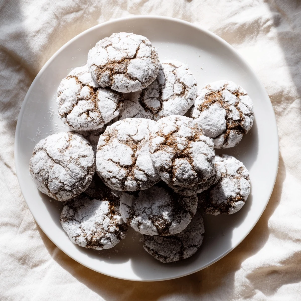 Soft gingerbread crinkle cookies dusted with powdered sugar on a white baking sheet