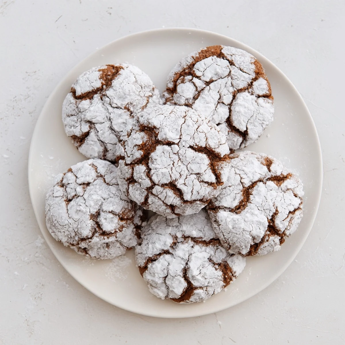 Holiday gingerbread crinkle cookies stacked high showing their signature white powdered sugar pattern