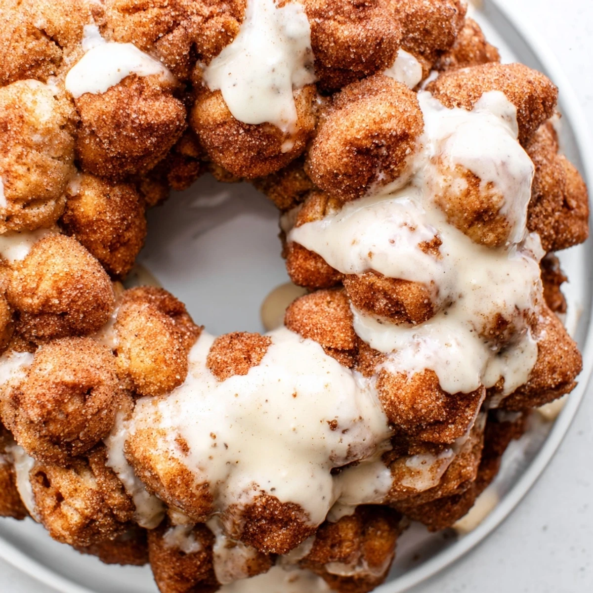 Warm healthy monkey bread coated in buttery cinnamon sweetener and topped with creamy white glaze