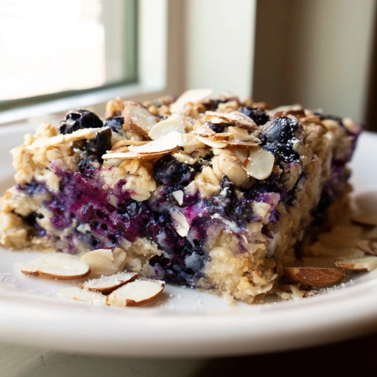 Warm blueberry cottage cheese breakfast bake sliced into squares on a white serving plate