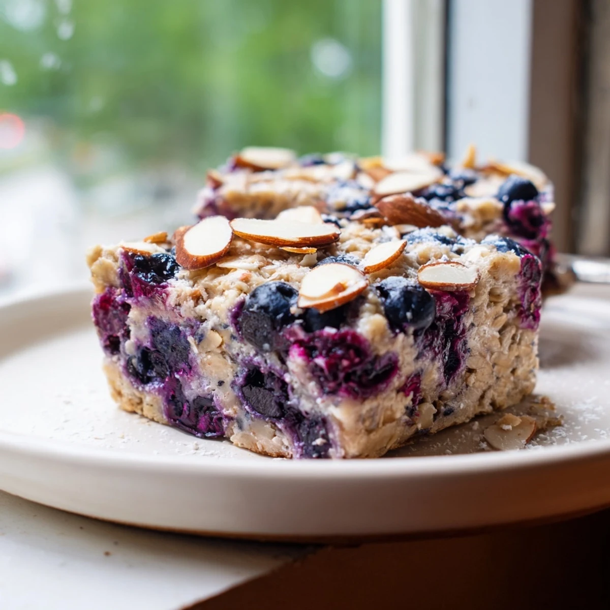 Fresh blueberry cottage cheese breakfast bake straight from the oven with nutty crumble topping
