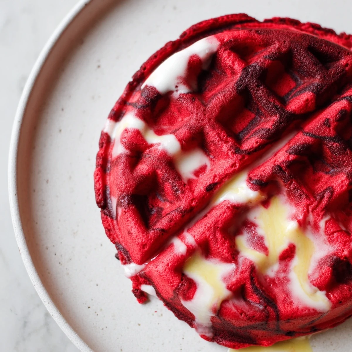 Golden red velvet marble waffles topped with cream cheese glaze and fresh strawberries on a white plate