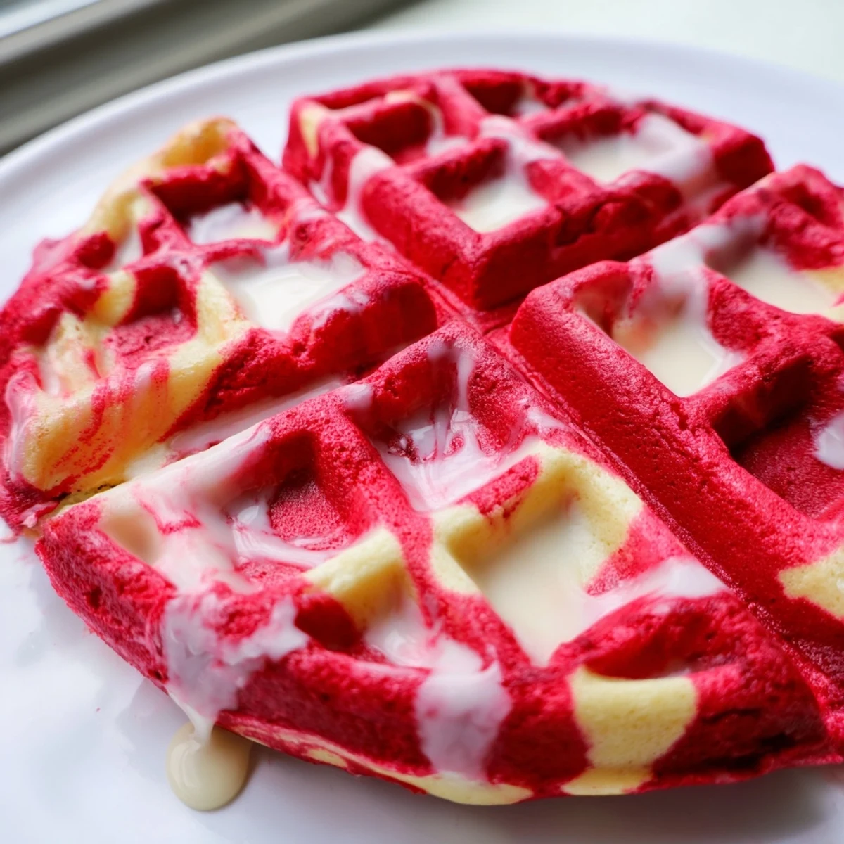 Stack of homemade red velvet marble waffles with whipped cream and raspberries for an indulgent breakfast treat