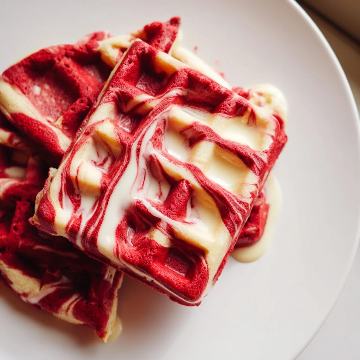 Swirled red velvet and vanilla waffle with crisp edges, drizzled with maple syrup and dusted with powdered sugar