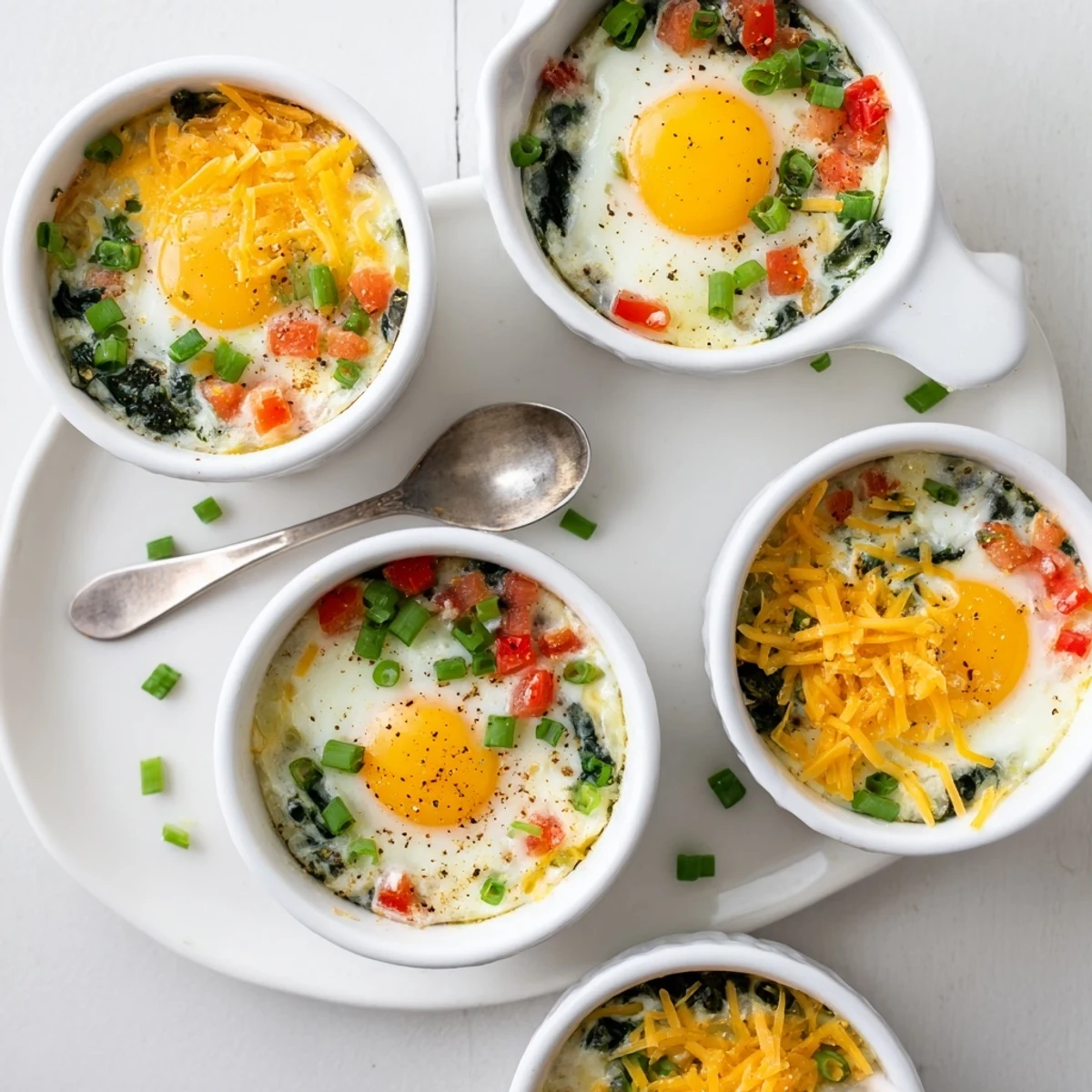 Golden baked cottage cheese eggs with melted cheese topping and fresh spinach