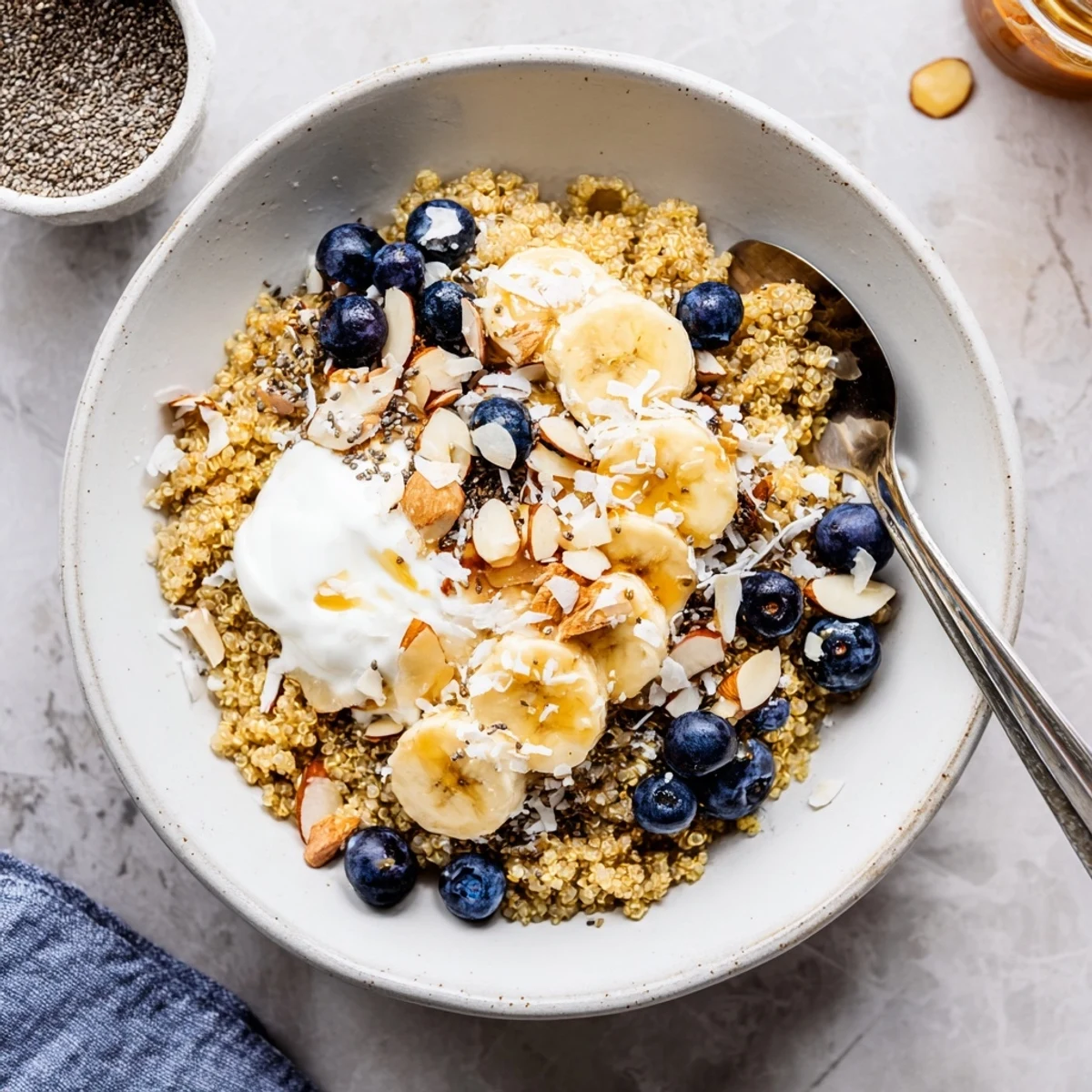 Golden blueberry quinoa breakfast bowl topped with fresh banana slices, crunchy almonds, and chia seeds