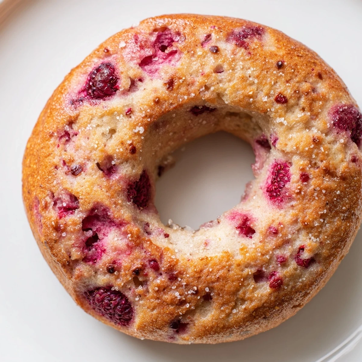 Golden brown raspberry sourdough bagels halved to reveal bright red berry pockets inside the dough