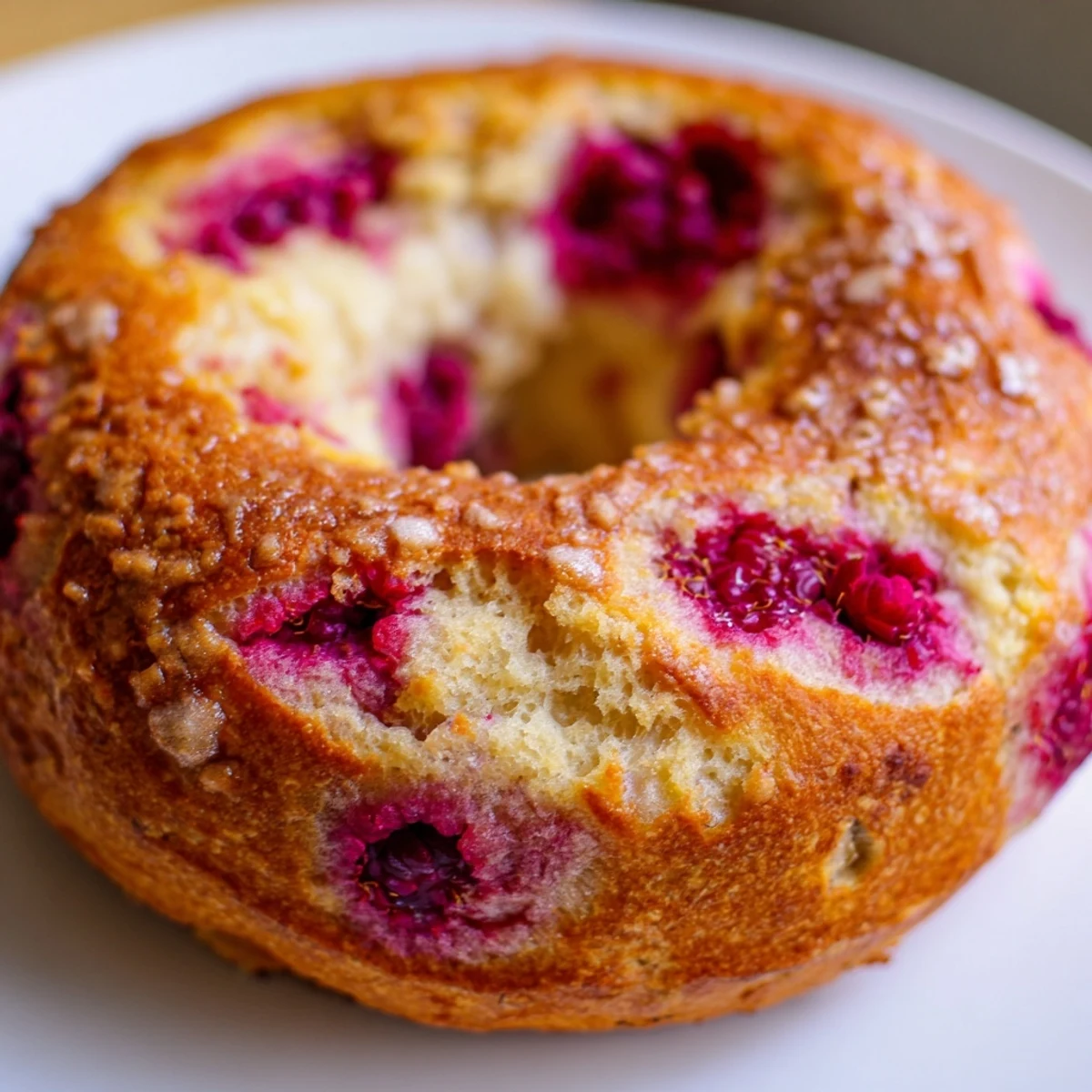 Hand-shaped raspberry sourdough bagels with juicy fruit swirls baked to perfect chewy texture