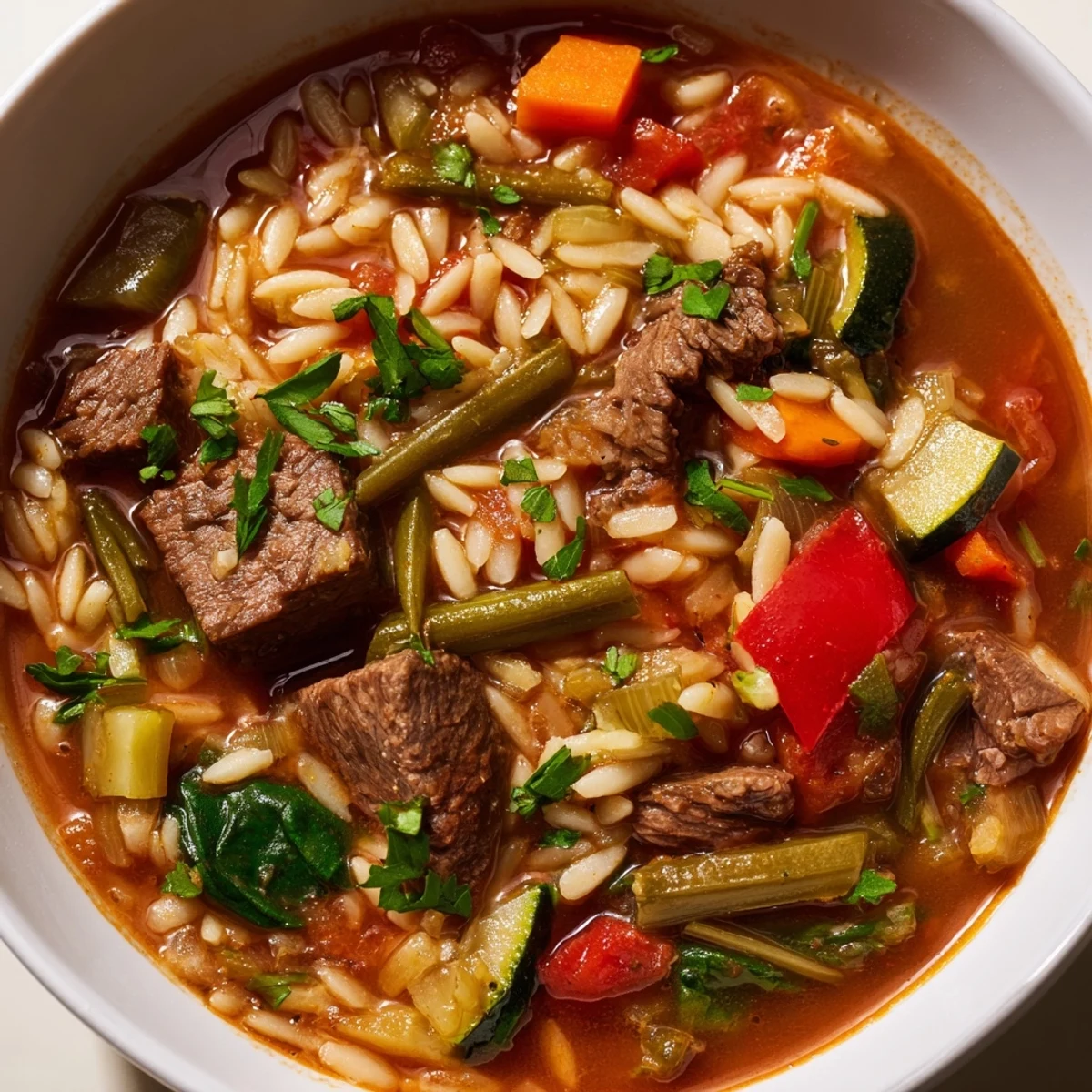 Hearty beef and orzo soup with tender meat and colorful garden vegetables in savory broth