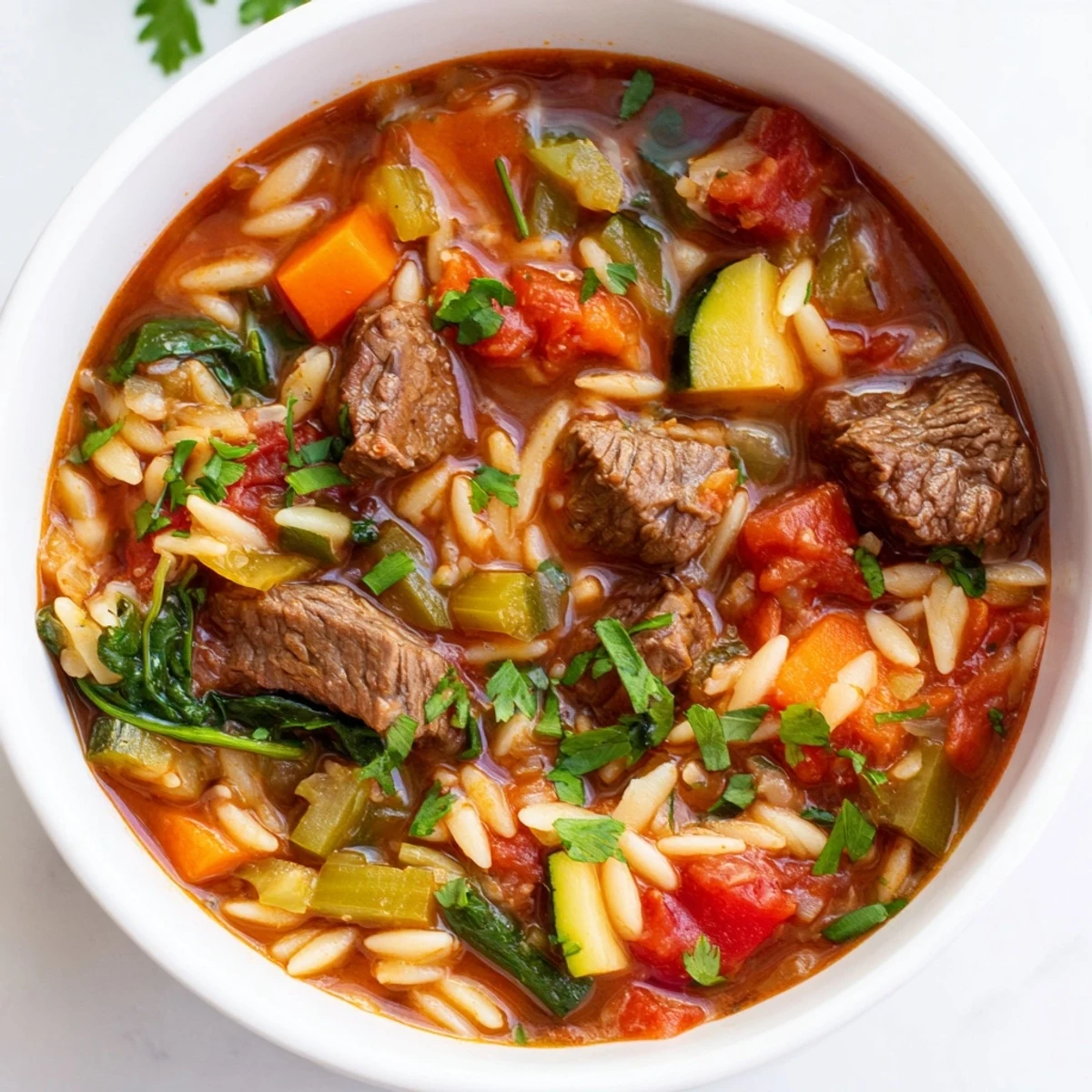 Steaming bowl of hearty beef and orzo soup garnished with fresh parsley and vibrant veggies