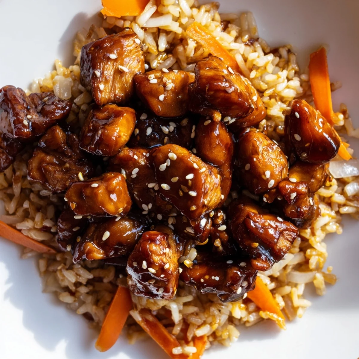 One Pan Korean BBQ Chicken and Rice served in a cast iron skillet with sesame garnish