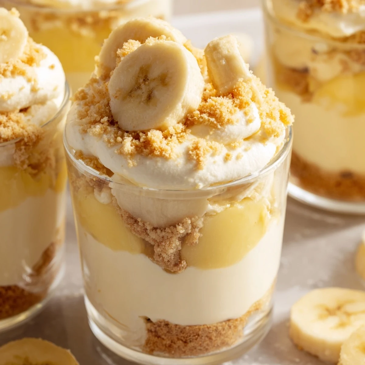 Individual no bake banana pudding cheesecake cups topped with golden wafer crumbs and whipped cream