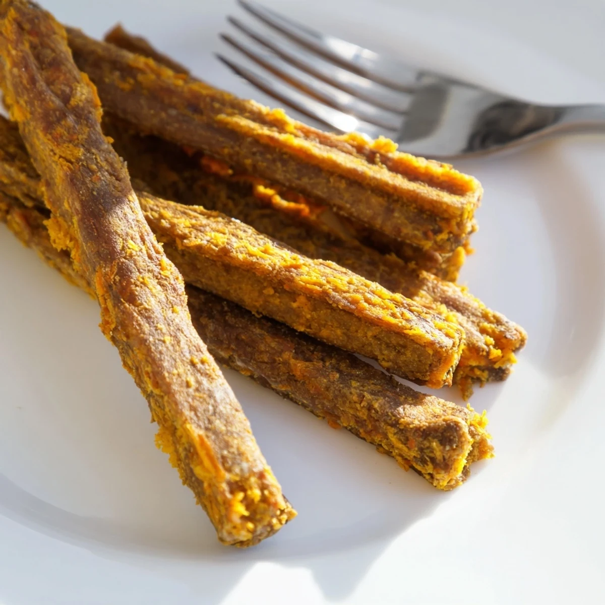 Golden homemade carrot apple dog chew sticks arranged on parchment paper for healthy treating