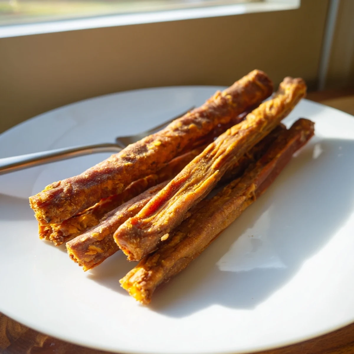 Oven-baked carrot apple dog chew sticks with a firm texture dogs love to gnaw