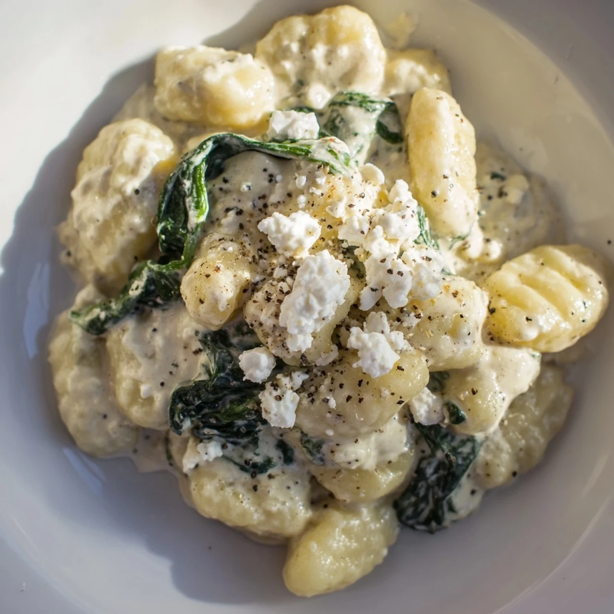 Creamy gnocchi with spinach and feta topped with crumbled cheese in white sauce