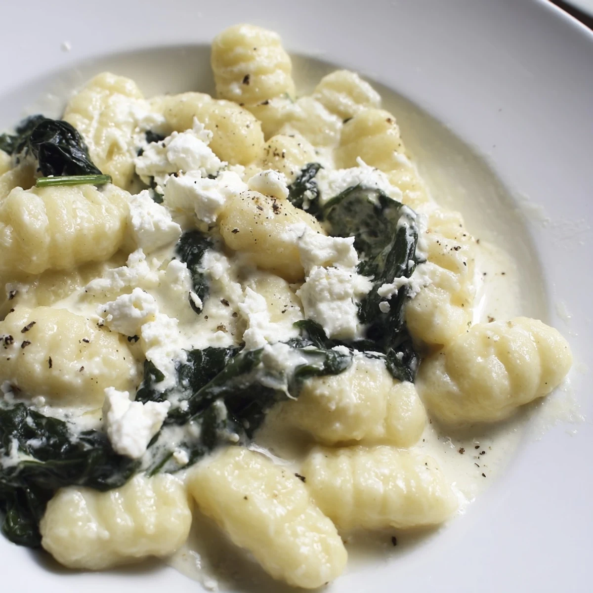 Tender potato gnocchi with spinach and feta glistening in rich cream sauce