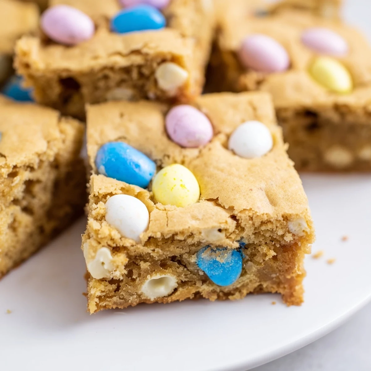 Golden brown Mini Cadbury Easter Egg Blondies studded with white chocolate chips and pastel candies